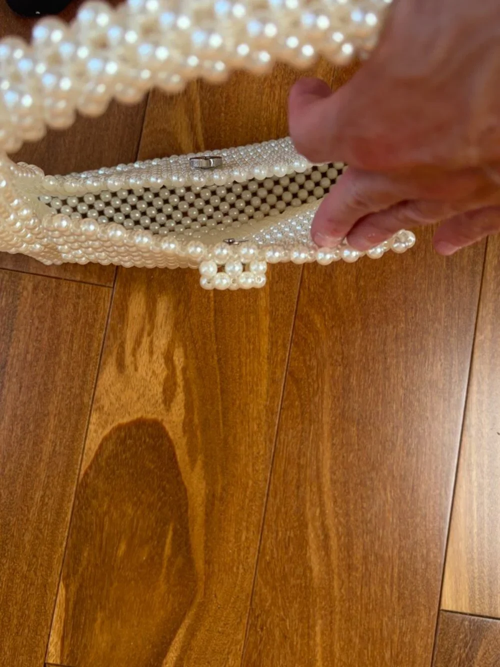 Elegant white faux pearl beaded handbag